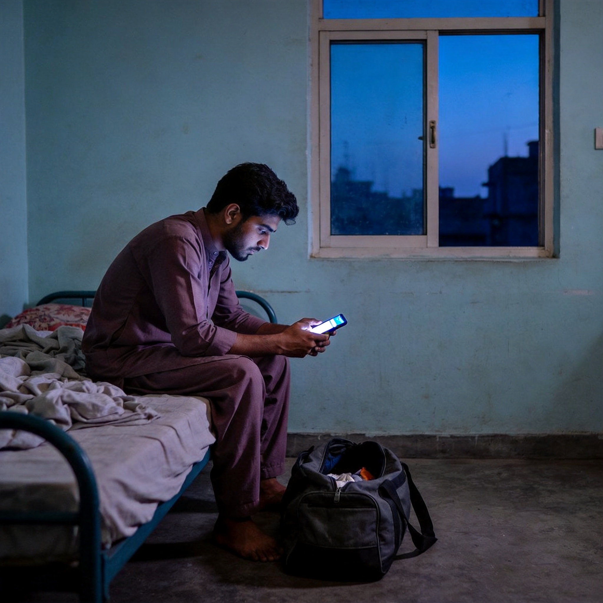 A young man sits on the edge of his bed on a Sunday night checking his banking app
